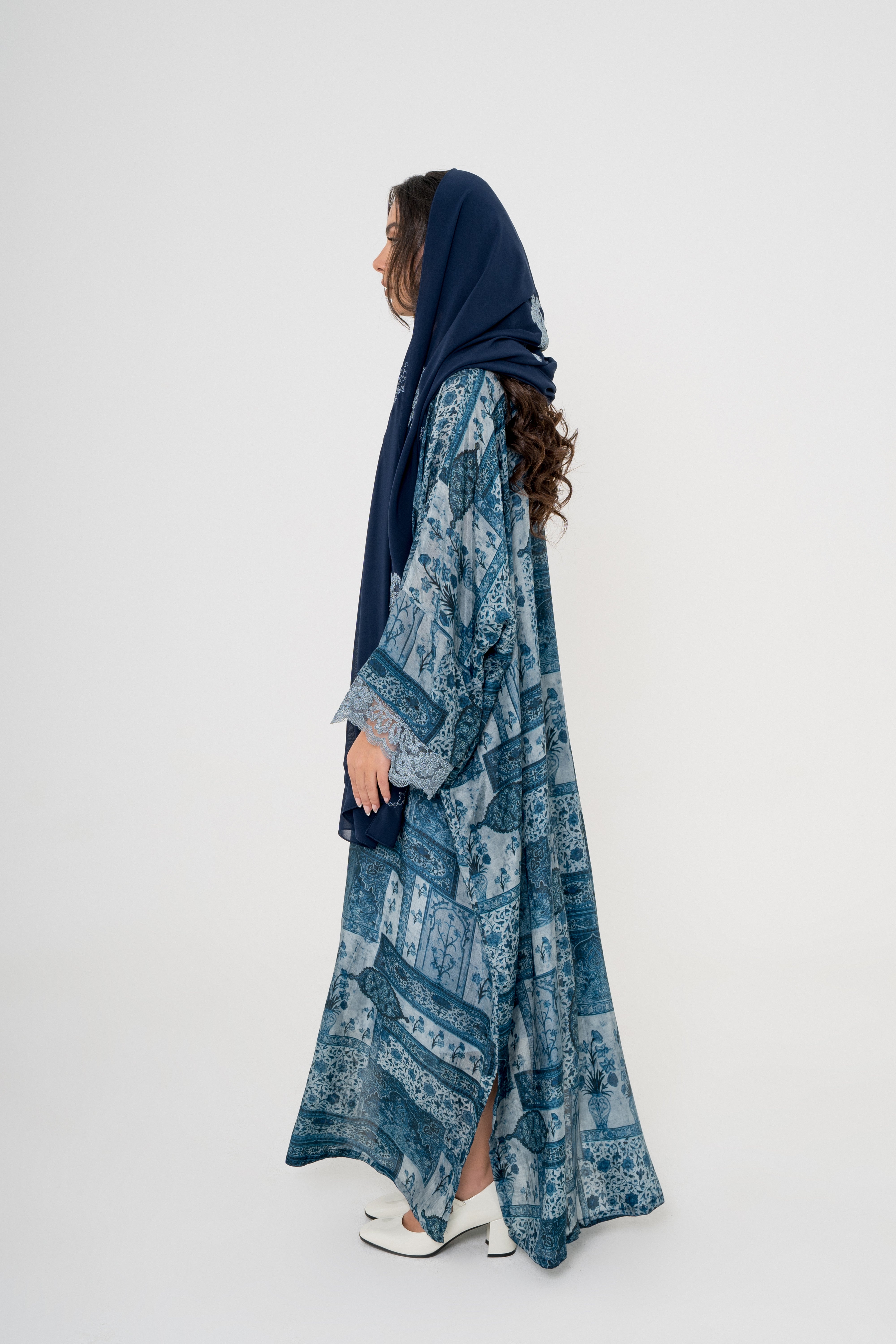 Patchwork Tile Print Abaya with Gray Lace